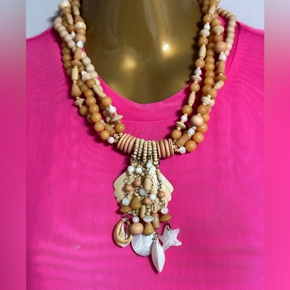 ASSEMBLAGE ART Necklace Beach Shells & Wooden Beads Multi Strand dangles 5348 O - Picture 11 of 12